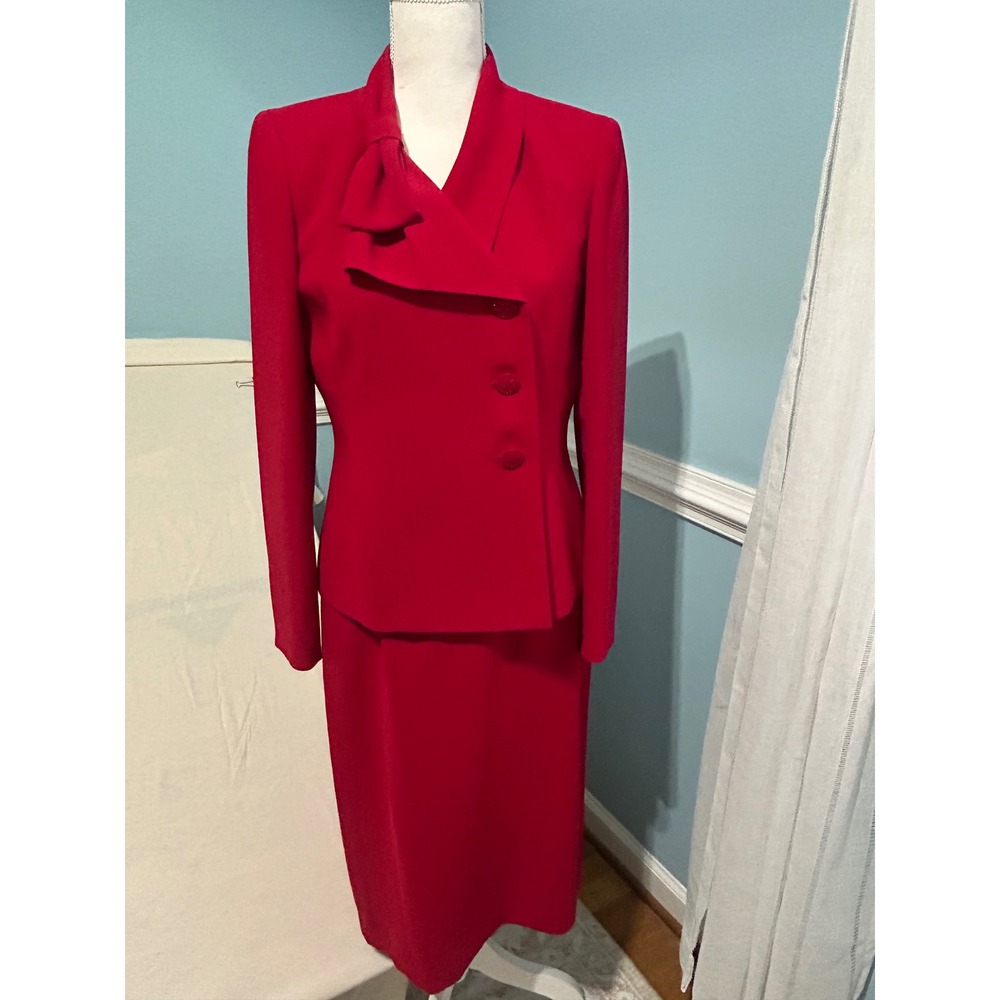 Suit Studio Womens Red Skirt Suit Set Bow Accent Blazer Pencil Skirt Size 6